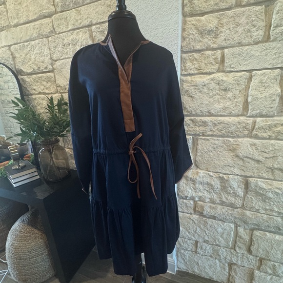 Tuckernuck Navy and Brown Leather Trimmed Dress - Picture 1 of 15